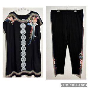 Time For Me Blouse Top Pants Set 2 Piece Outfit 2X Black Embroidered Lagenlook